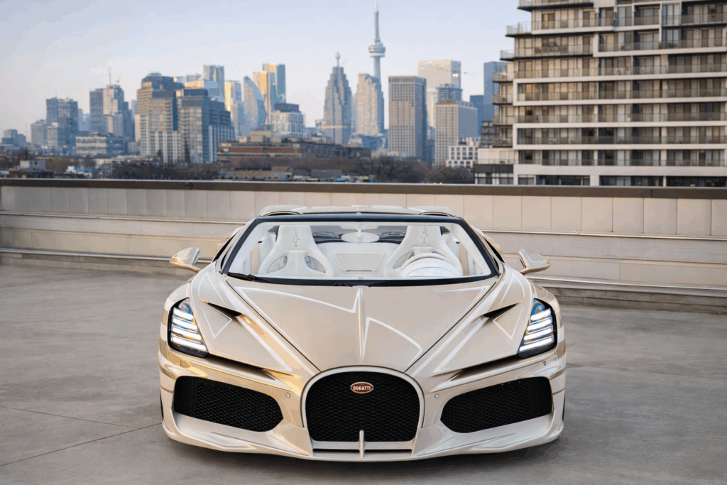 Bugatti on Toronto rooftop at dusk