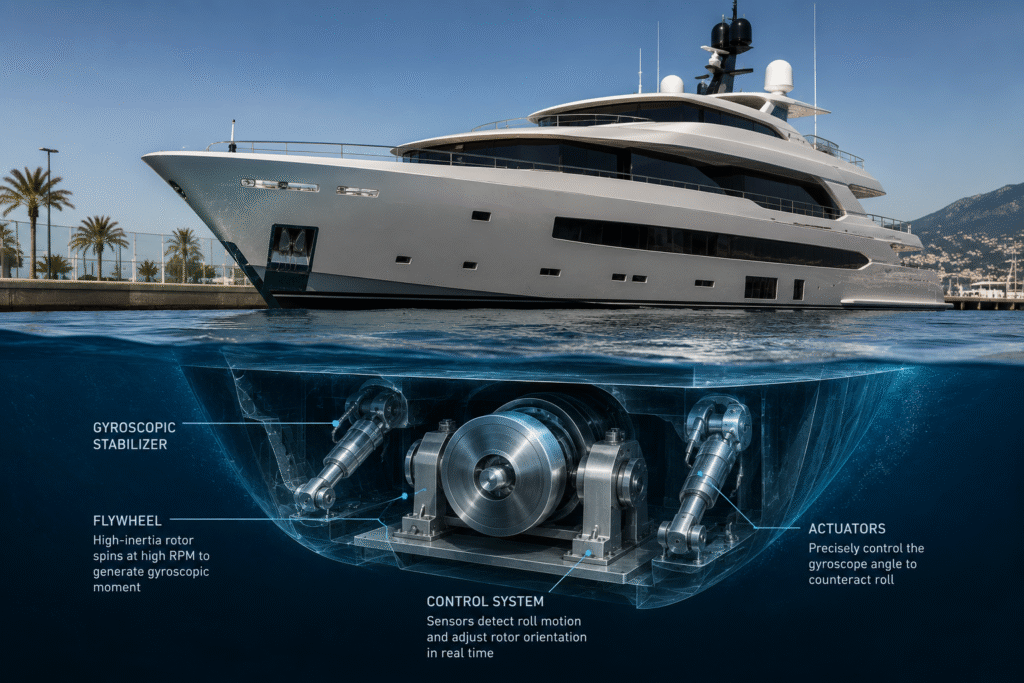 superyacht gyroscopic stabilizer how it works