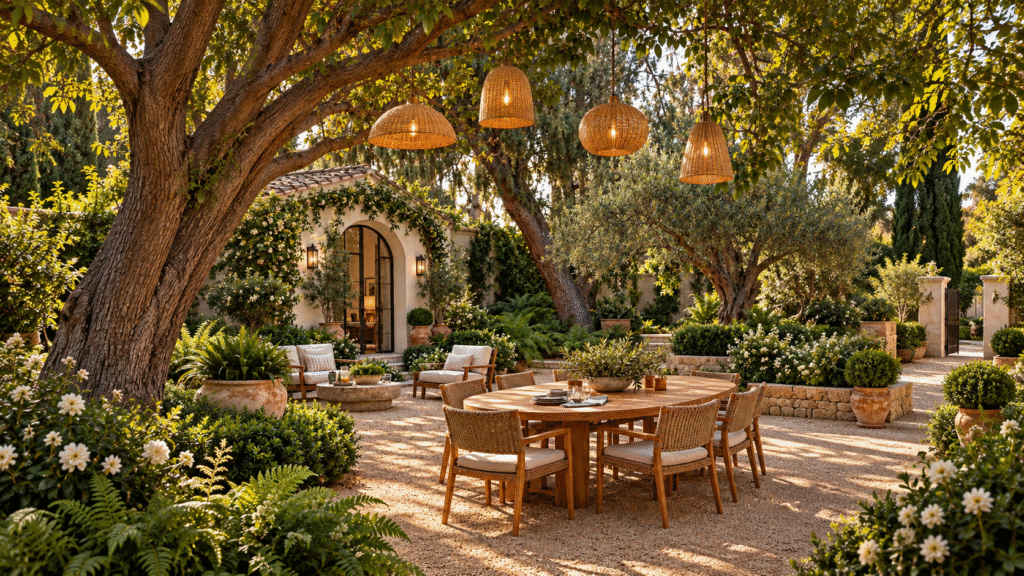 Golden-Hour Mediterranean Garden Courtyard