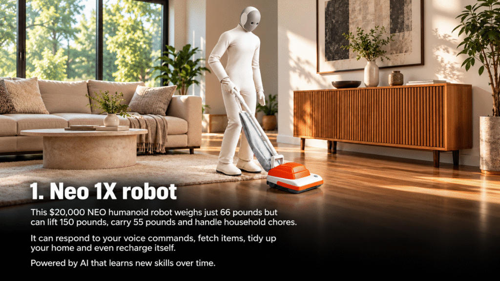 Humanoid Robot Vacuuming a Sunlit Living Room