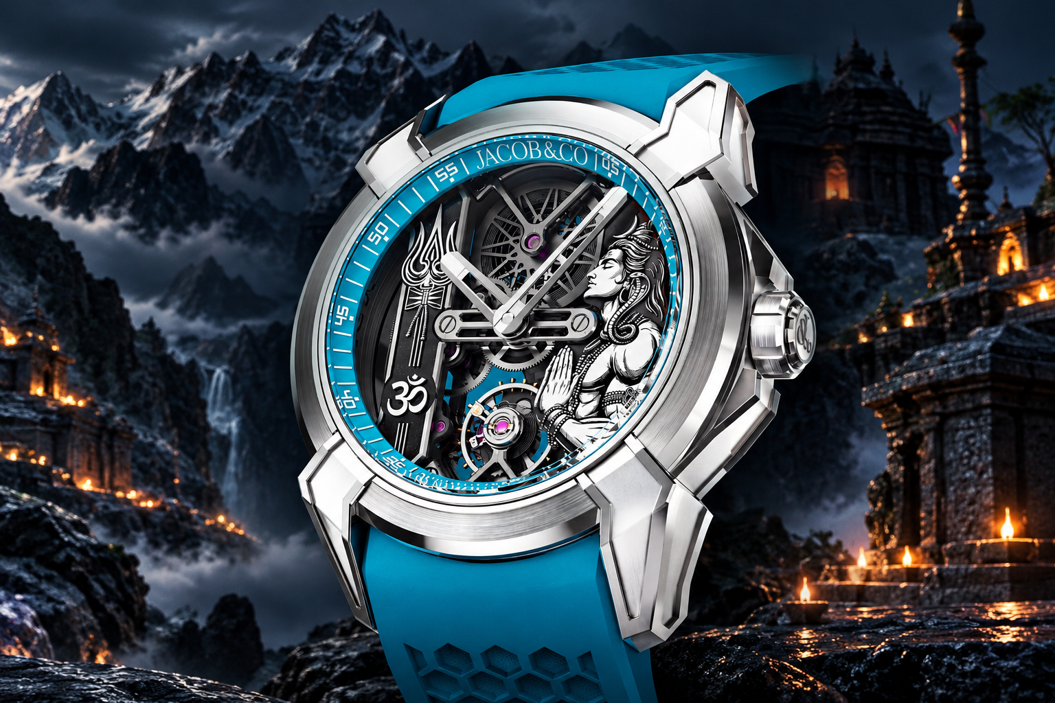 Turquoise Shiva Watch Among Mountain Temples