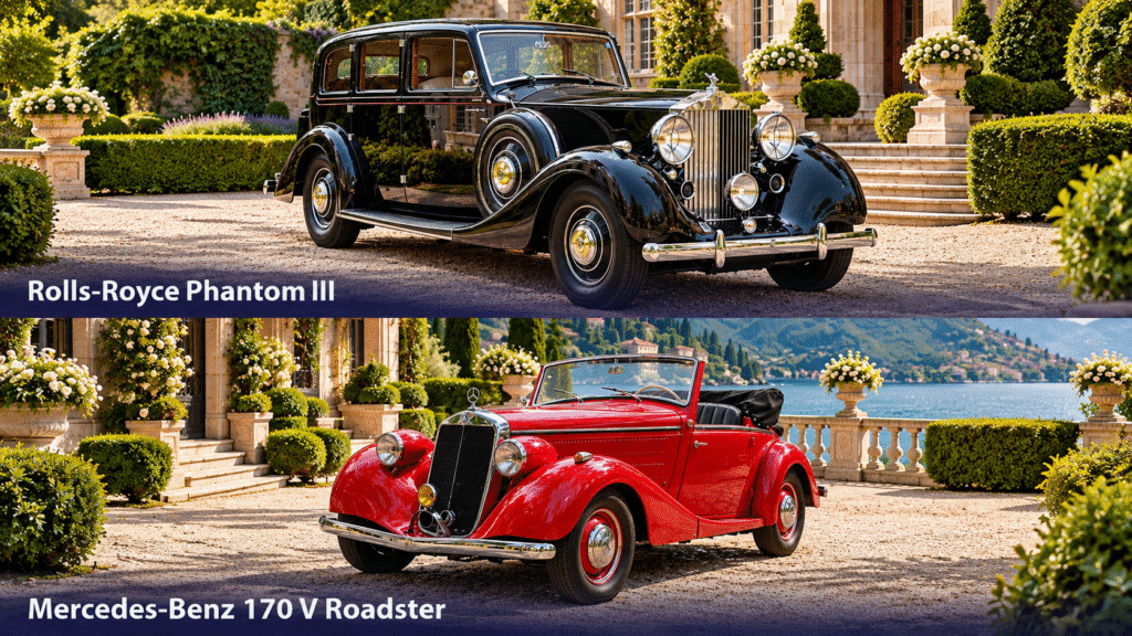 Vintage Luxury Cars at a Lakeside Estate
